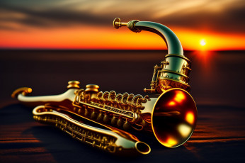Картинка нейросеть музыка -музыкальные+инструменты солнце свет закат берег позолота музыкальный инструмент саксофон цифровое искусство ии-арт искусственного интеллекта