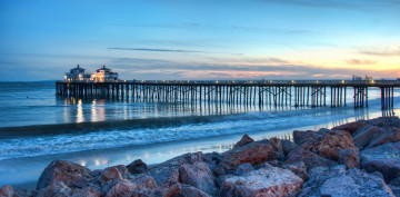 обоя malibu, pier, california, природа, побережье, камни, море, мост