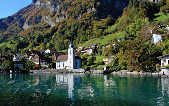 Обои картинки фото switzerland, города, пейзажи, озеро, горы, церковь, швейцария