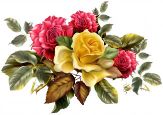 Картинка рисованные цветы фон розы листья желтые шипы красные букет