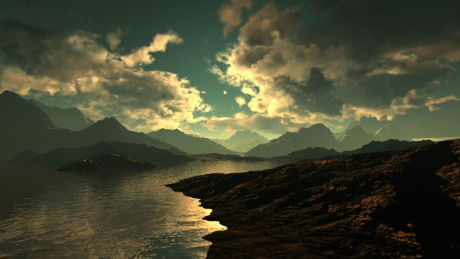 Обои картинки фото 3д графика, природа , nature, горы, облака, озеро