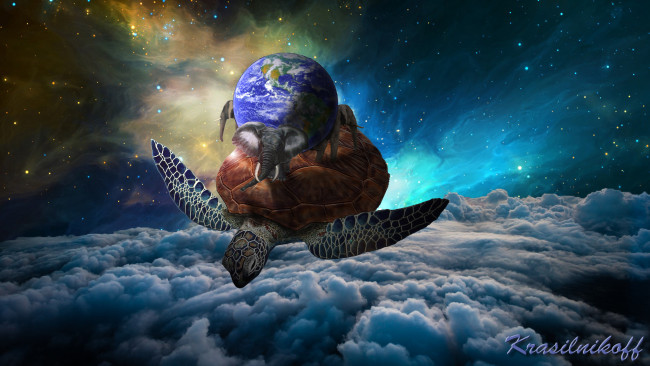 Обои картинки фото мироздание, 3д графика, животные , animals, слоны, животные, земля, черепаха, космос, вселенная, земля на трёх слонах