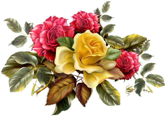 Обои картинки фото рисованные, цветы, фон, розы, листья, желтые, шипы, красные, букет