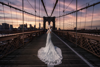 Картинка девушки -unsort+ азиатки свадебное платье невеста свадьба мост город нью-йорк бруклинский brooklyn bridge new york city
