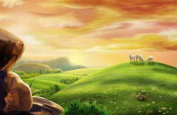 Картинка рисованное животные небо закат холмы камни овцы