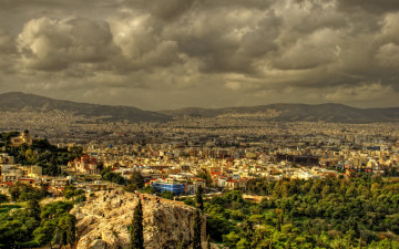 Картинка города -+панорамы греция acropolis athens дома деревья горы тучи пейзаж панорама