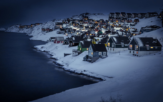 Обои картинки фото города, - пейзажи, дома, greenland, myggedalen, nuuk, ночь, зима
