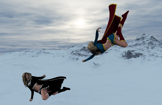 Обои картинки фото 3д графика, фантазия , fantasy, снег, полет, супермен, горы, фон, взгляд, девушка