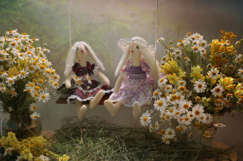 Картинка разное игрушки ромашки полевые натюрморт лето июль игрушка тильда зайка цветы