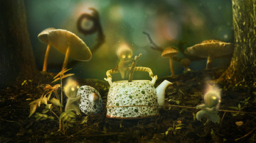 Картинка фэнтези фотоарт деревья стволы боке человечки трава грибы графика чайник