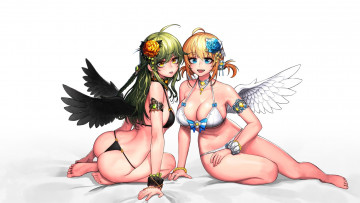 Картинка аниме ангелы +демоны девушки взгляд фон
