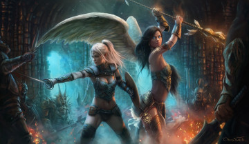 Картинка фэнтези ангелы крылья магия арт маг схватка монстры посох эльф девушка