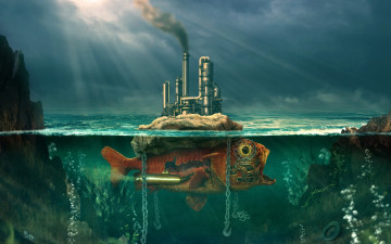 Картинка фэнтези фотоарт рыба море завод