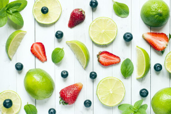 Картинка еда фрукты +ягоды лай лимон клубника черника