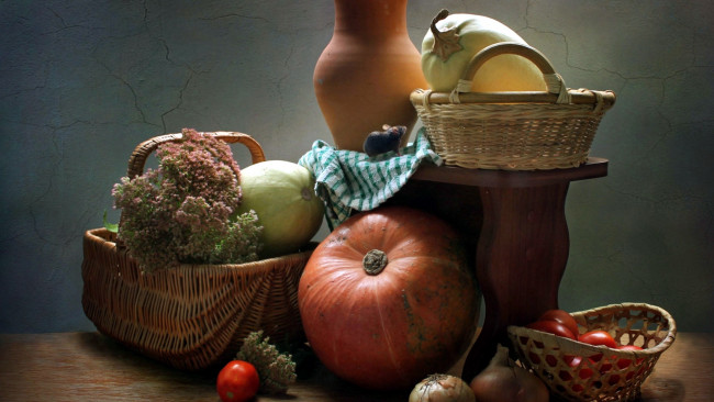 Обои картинки фото еда, натюрморт, овощи, помидоры, кабачок, тыква