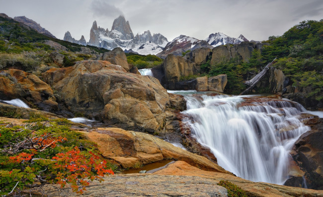 Обои картинки фото гора фицрой,  патагония, природа, водопады, горы, скалы, деревья, водопад, потоки