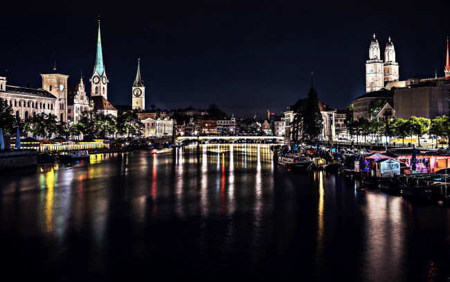 Обои картинки фото города, цюрих , швейцария, ночь, река, огни