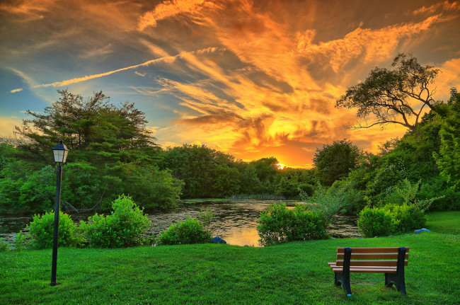 Обои картинки фото природа, парк, пруд, фонарь, скамейка, закат