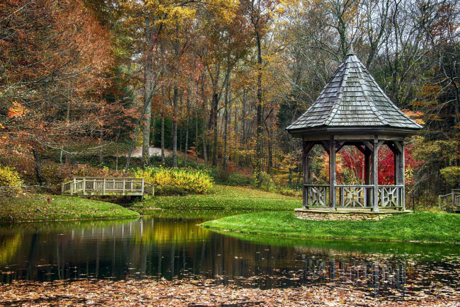 Обои картинки фото природа, парк, осень, листопад, водоем, беседка