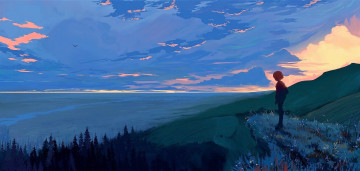 Картинка аниме пейзажи +природа девочка горы небо море