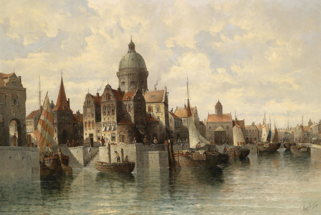 Обои картинки фото august von siegen - blick auf amsterdam, рисованное, august von siegen, амстердам, город, канал, лодки