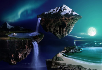 Картинка разное компьютерный дизайн водопад луна маяк горы парусник