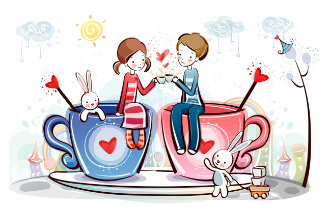 Обои картинки фото праздничные, день, св, валентина, сердечки, любовь, кролики, мальчик, девочка, чашки