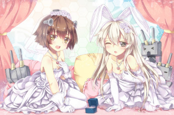 Картинка аниме kantai+collection подушки роботы кольцо девушки свадебное платье занавески коробочка