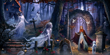 Картинка фэнтези призраки дом лес птицы огонь пожар арка плащ ребенок погост дух девушки