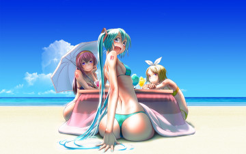 Картинка аниме vocaloid пляж мороженное небо вокалоид бикини девушки megurine luka облака песок kagamine rin hatsune miku