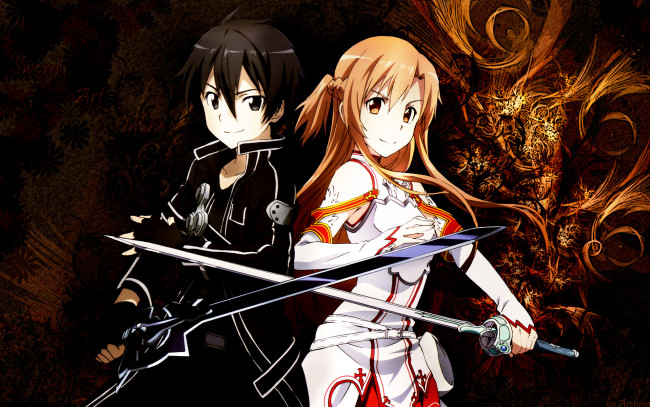 Обои картинки фото аниме, sword art online, пара, воин, yuuki, asuna, оружие, меч, kirigaya, kazuto