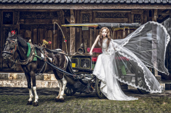 Картинка девушки -unsort+ азиатки лошадь невеста платье азиатка девушка повозка кляча конь