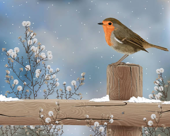 Обои картинки фото рисованное, животные, природа, снег, растение, столбик, рисунок, птица