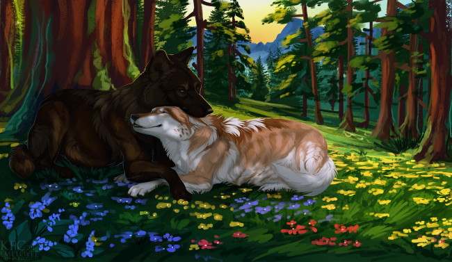 Обои картинки фото рисованное, животные,  волки, лес, волки