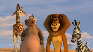 обоя мультфильмы, madagascar,  escape 2 africa, зебра, лев, бегемот, жираф