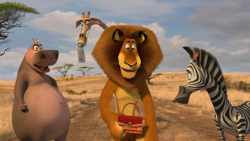 обоя мультфильмы, madagascar,  escape 2 africa, зебра, лев, бегемот, жираф, сумка