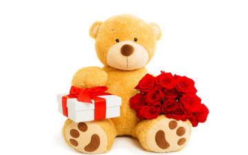 Картинка разное игрушки с букетом красных роз плюшевый медведь и подарком