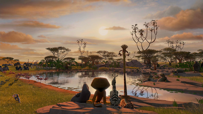 Обои картинки фото мультфильмы, madagascar,  escape 2 africa, зебра, лев, бегемот, жираф, водоем, растения