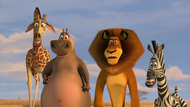 Обои картинки фото мультфильмы, madagascar,  escape 2 africa, зебра, лев, бегемот, жираф