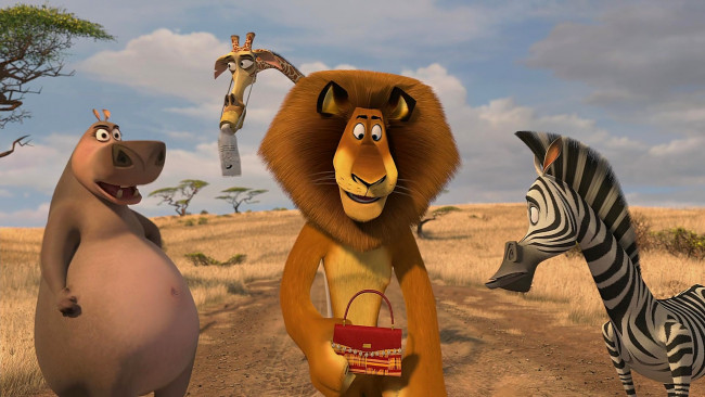 Обои картинки фото мультфильмы, madagascar,  escape 2 africa, зебра, лев, бегемот, жираф, сумка