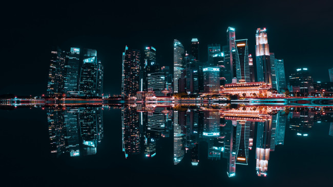 Обои картинки фото города, сингапур , сингапур, merlion, park, building, ночь, отражение, город