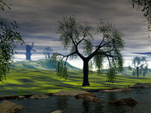 Картинка 3д графика nature landscape природа вода мельница деревья камни