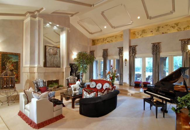 Обои картинки фото интерьер, гостиная, подушки, рояль, кресла, шторы, окна