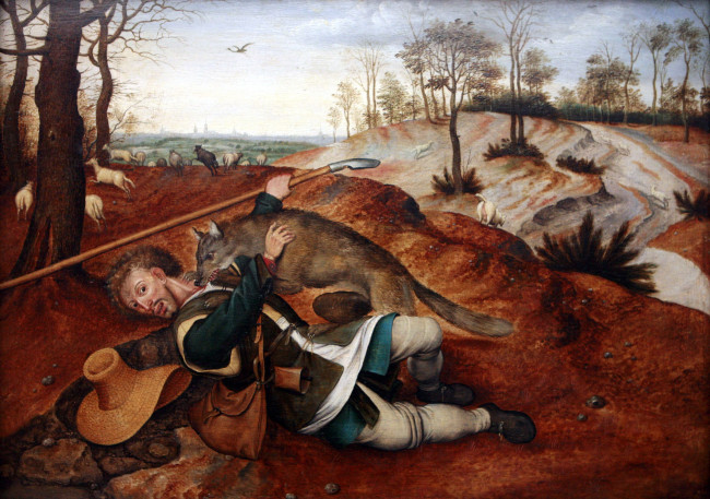 Обои картинки фото pieter, brueghel, рисованные, bruegel, волк, пастух