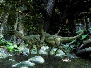 Картинка 3д графика animals животные гриб лес динозавры камни река
