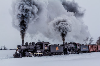 Картинка техника паровозы зима природа вагоны дым