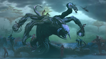 Картинка фэнтези существа сражение щупальца монстр воины чудовище