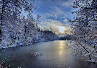 Картинка природа зима снег лес озеро