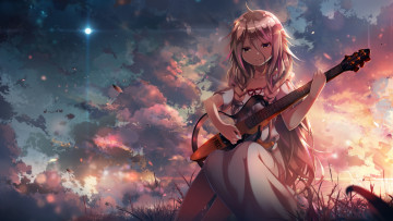 Картинка аниме vocaloid девушка ia гитара облака закат небо
