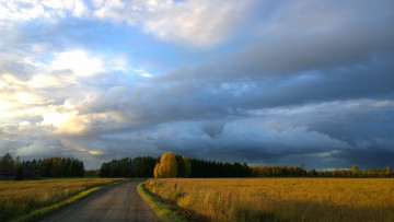 обоя природа, дороги, поле, небо, дорога, облака